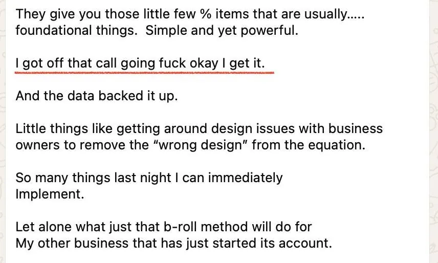 A client's message to Adam after a call: I got off that call going fuck okay I get it. And the data backed it up.