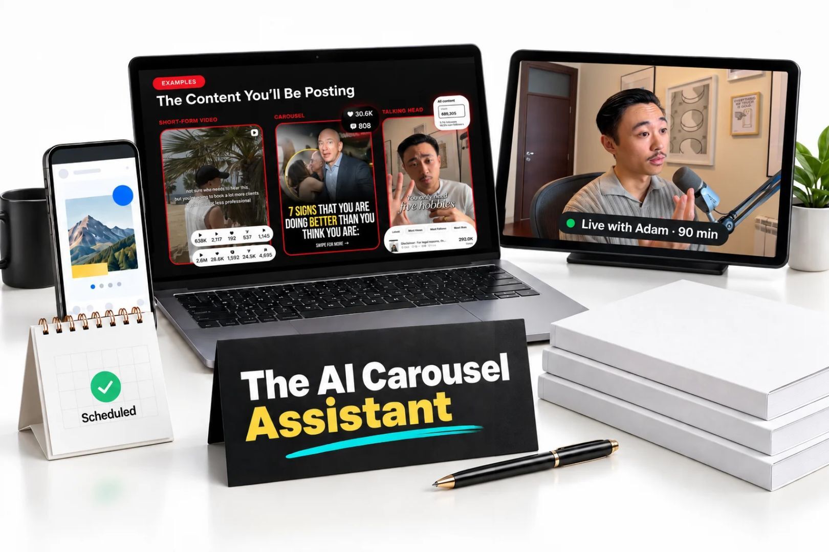 The AI Carousel Assistant: examples of the content you'll be posting on a laptop, a carousel on a phone, a calendar marked Scheduled, and Live with Adam, 90 minutes